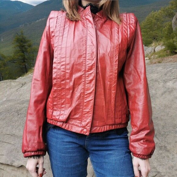 Vintage 80s red leather pleat assymetrical jacket Size  15/16 - Picture 1 of 14